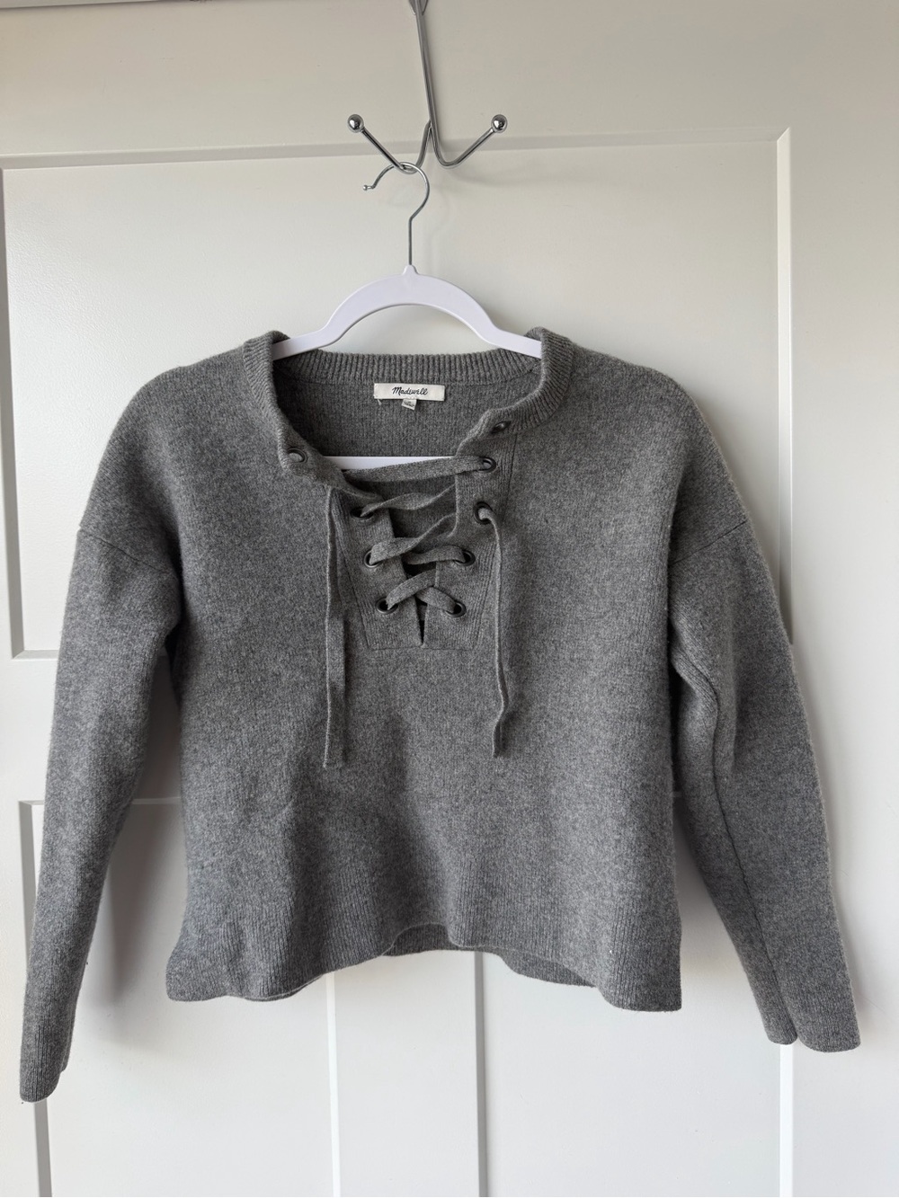 Madewell 100% Merino Wool Gray Lace-Up Crewneck Sweater